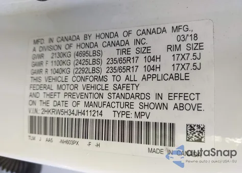 2018 Honda Cr-V Lx from USA, damaged, VIN 2HKRW5H34JH411214